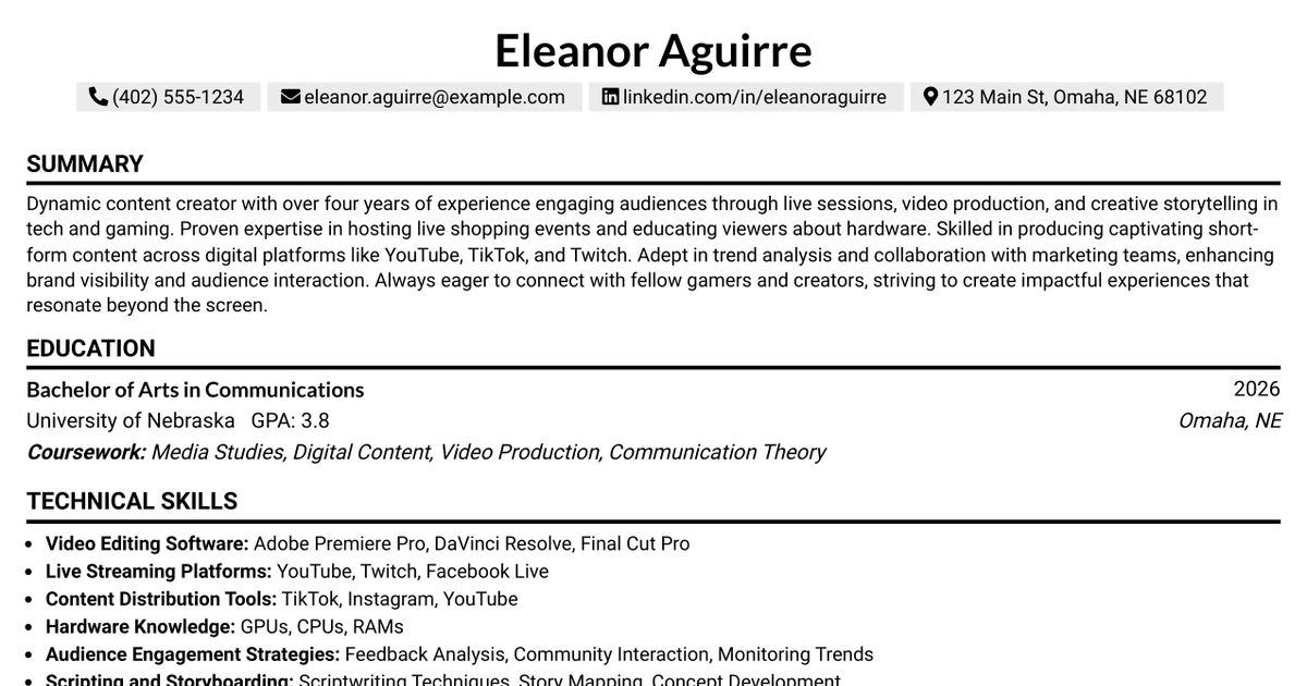 33 Content Creator & Live Shopping Host Resume Templates with Example 2026 (ATS-Optimized)