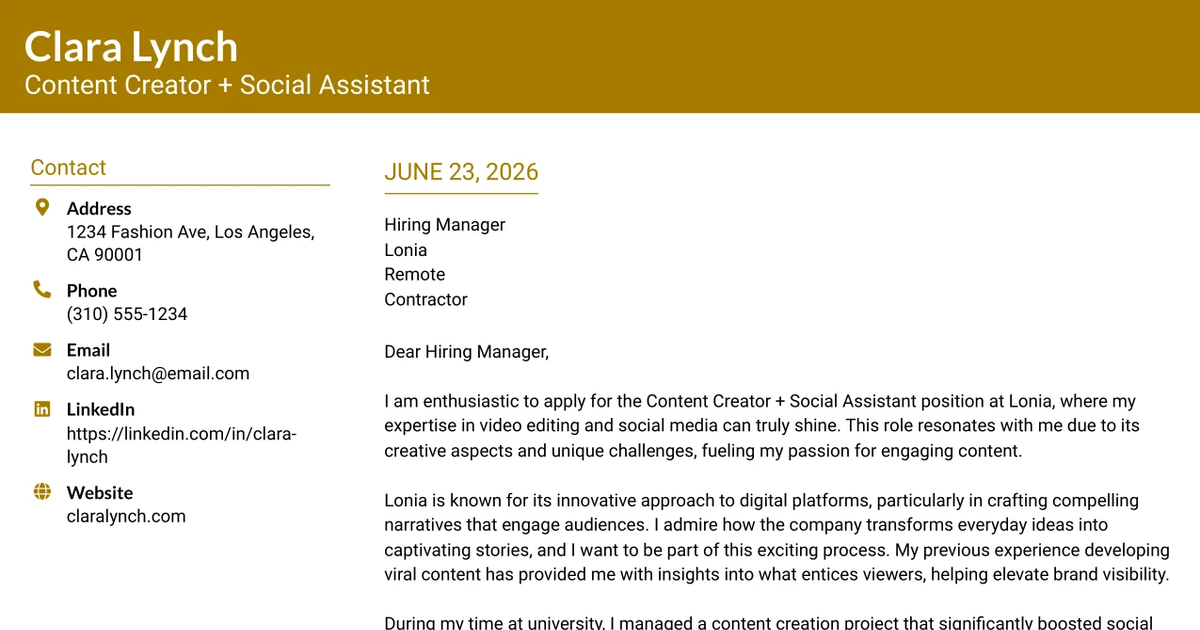 30+ Content Creator + Social Assistant Cover Letter Templates with Example 2026
