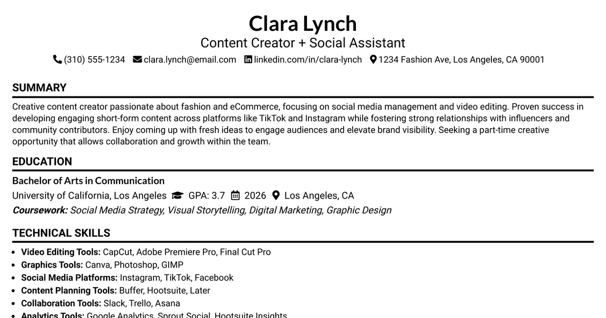 33 Content Creator + Social Assistant Resume Templates with Example 2026 (ATS-Optimized)