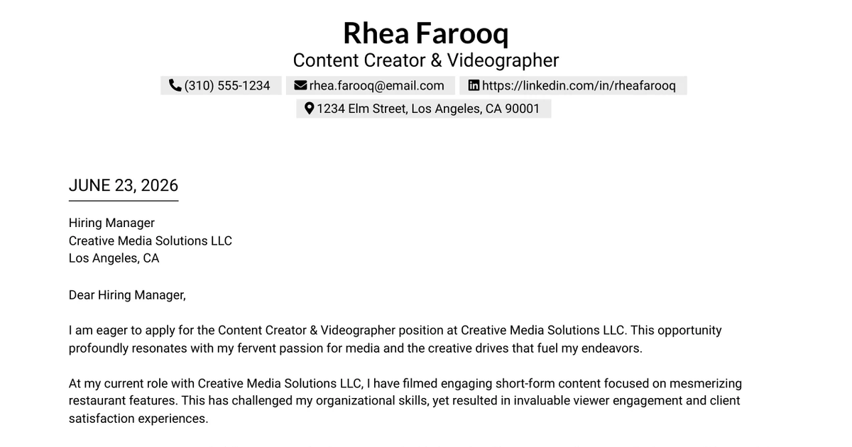 30+ Content Creator & Videographer Cover Letter Templates with Example 2026