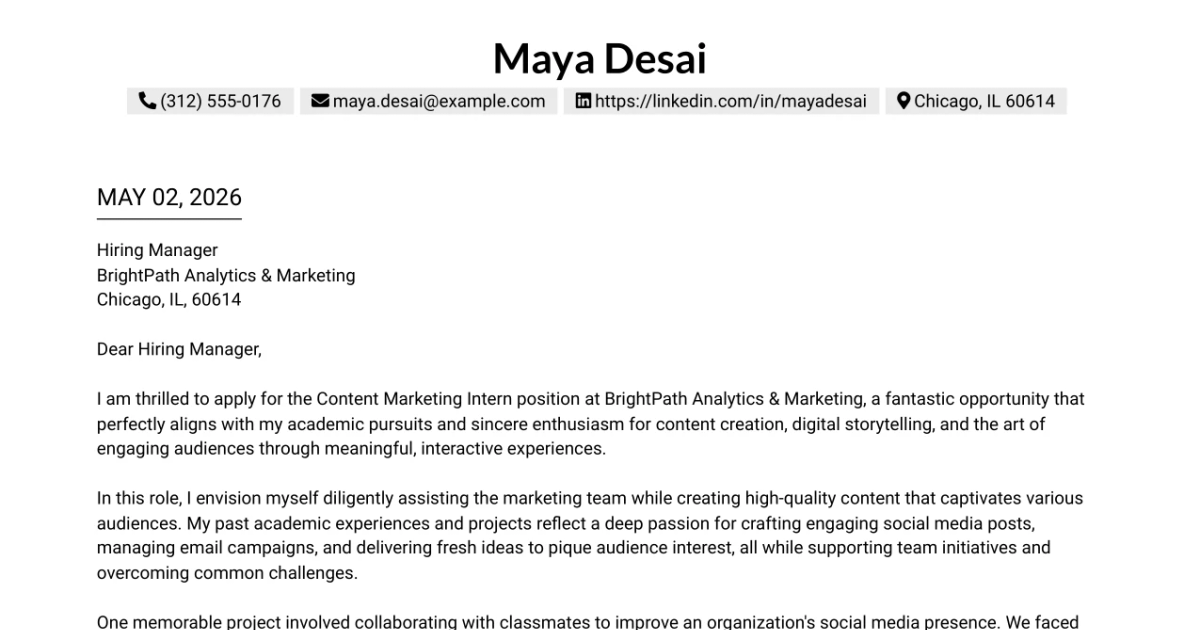 30+ Content Marketing Internship Cover Letter Templates with Example 2026