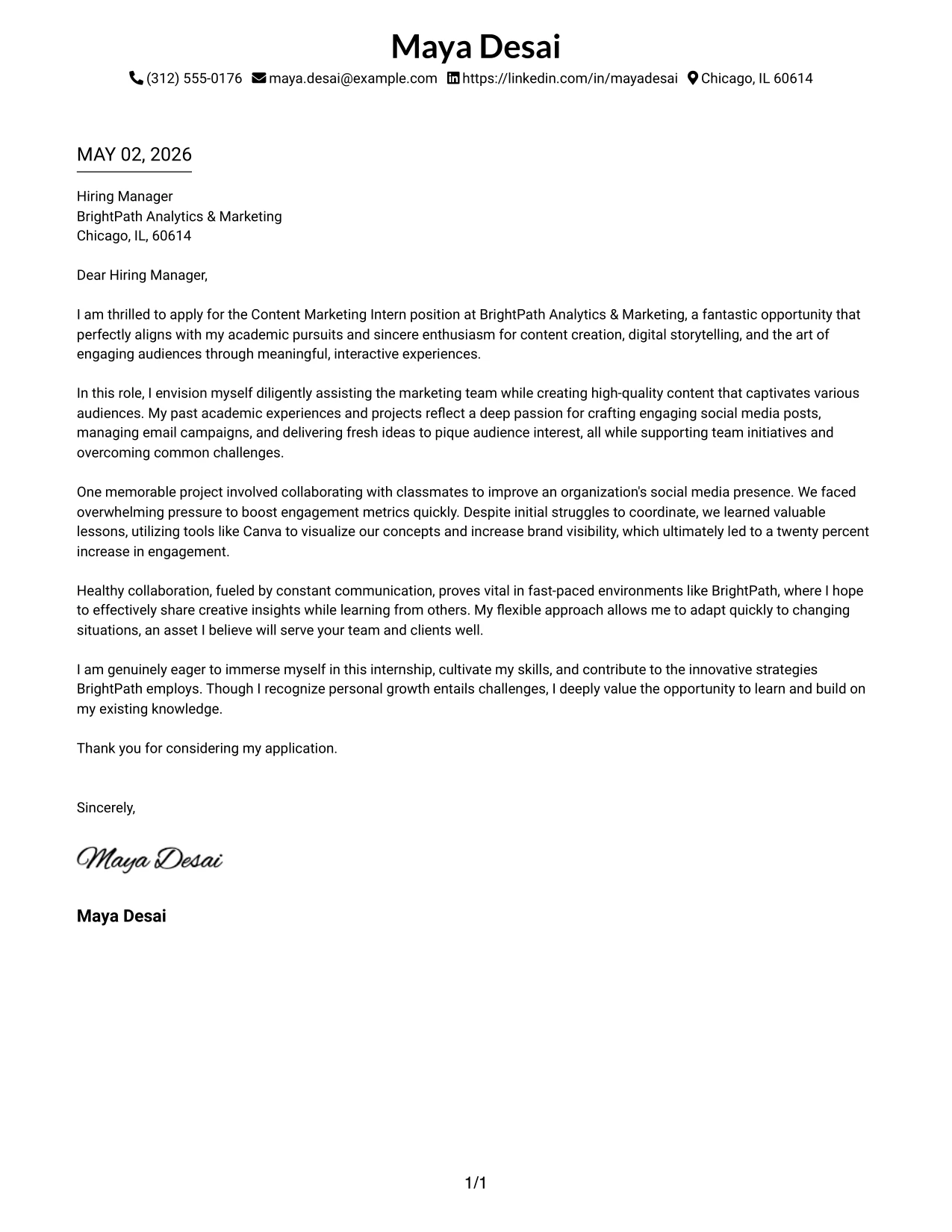 Content Marketing Intern Cover Letter Example Minimal Header Format