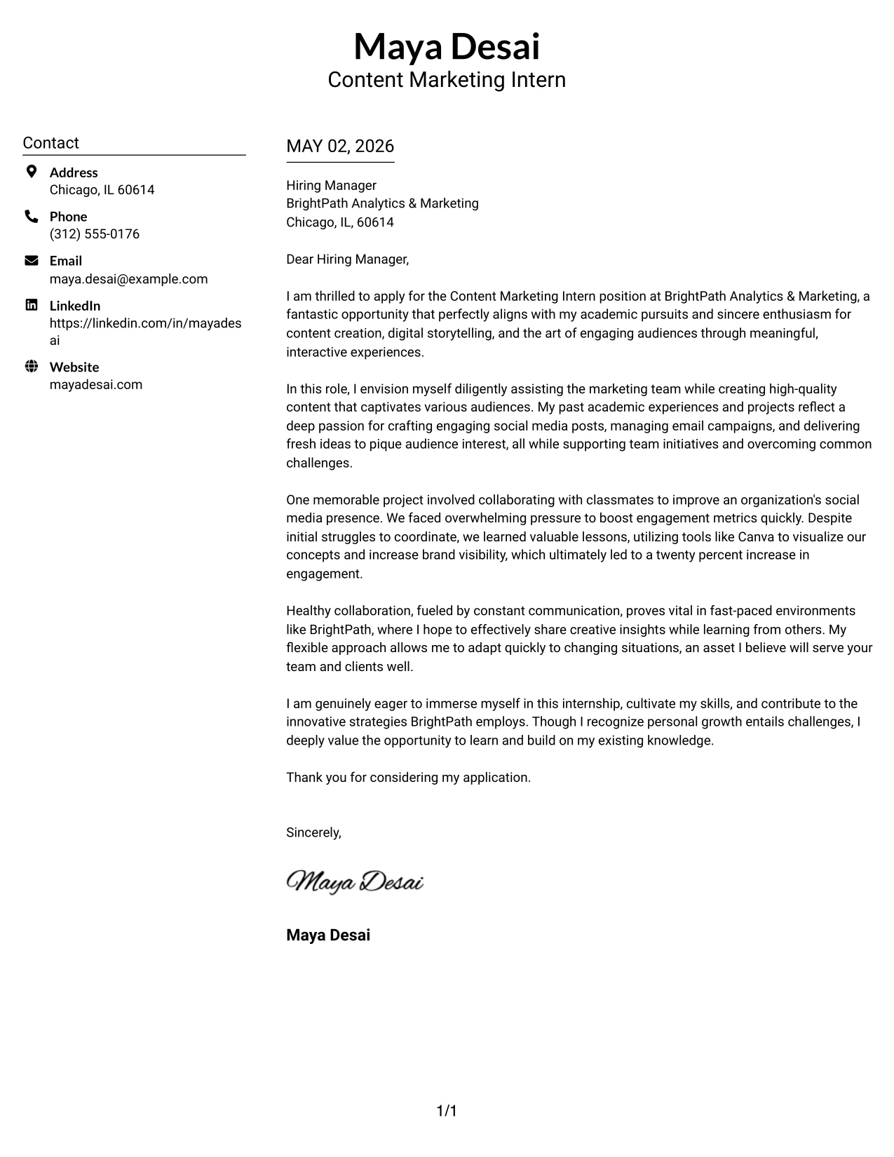 Content Marketing Intern Cover Letter Example Centered Header Classic Two Column Format