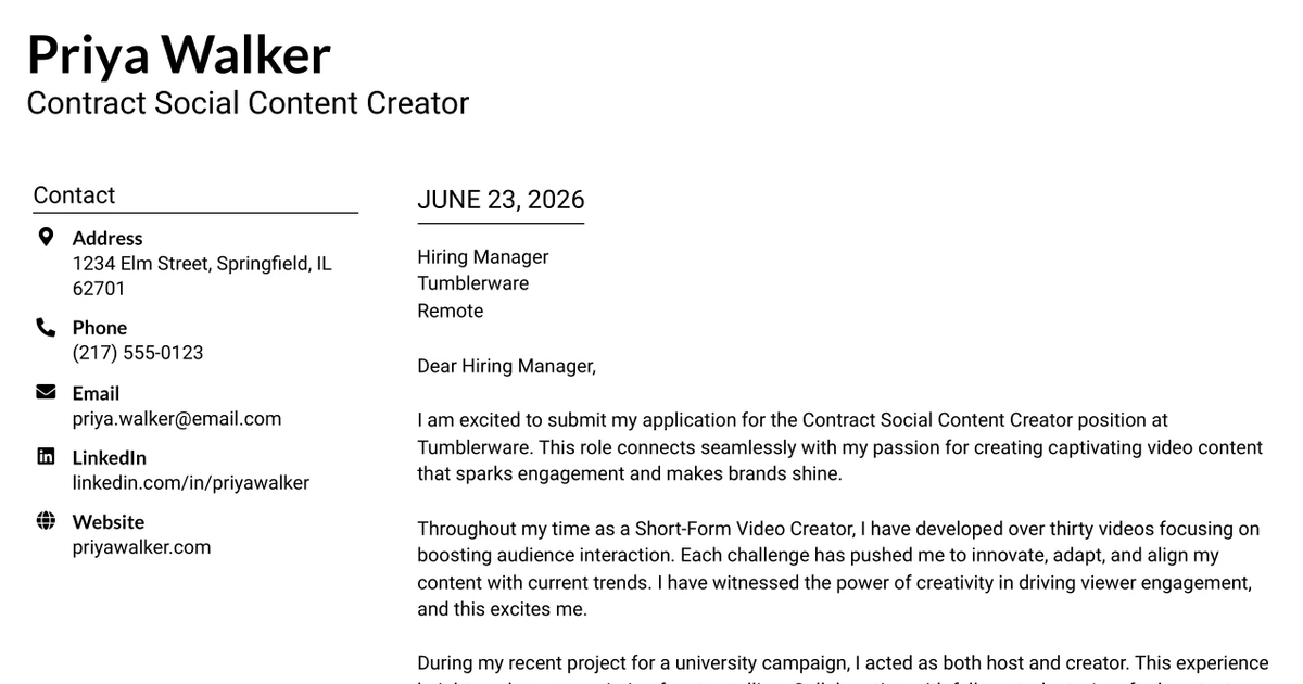 30+ Contract Social Content Creator Cover Letter Templates with Example 2026