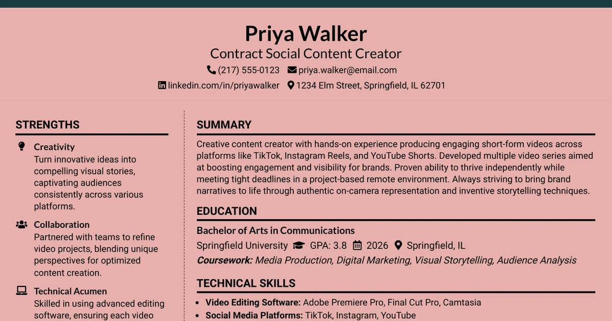 33 Contract Social Content Creator Resume Templates with Example 2026 (ATS-Optimized)