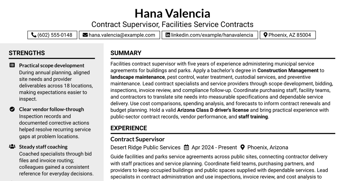 7 Contract Supervisor - Facilities Service Contracts Resume Templates with Example