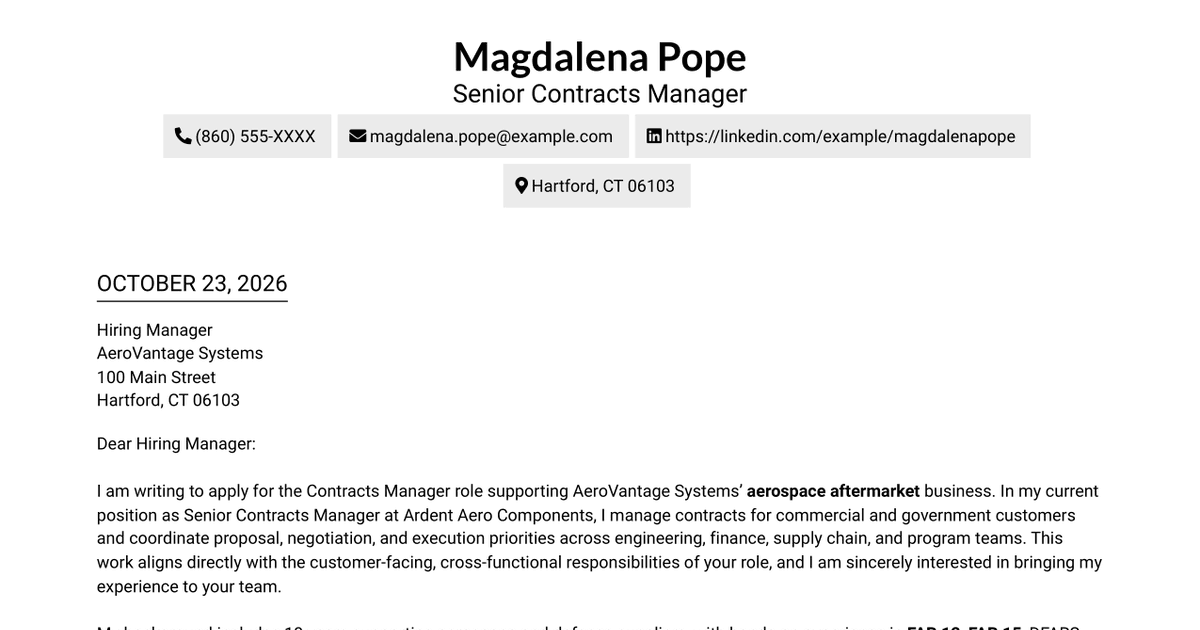 7 Contracts Manager - Aerospace Aftermarket Cover Letter Templates with Example