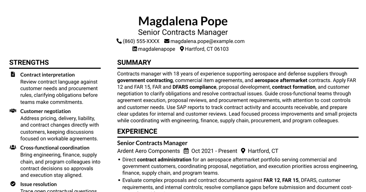 7 Contracts Manager - Aerospace Aftermarket Resume Templates with Example