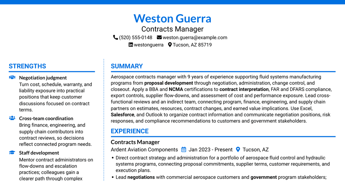 7 Contracts Manager I - Aerospace Fluid Systems Resume Templates with Example