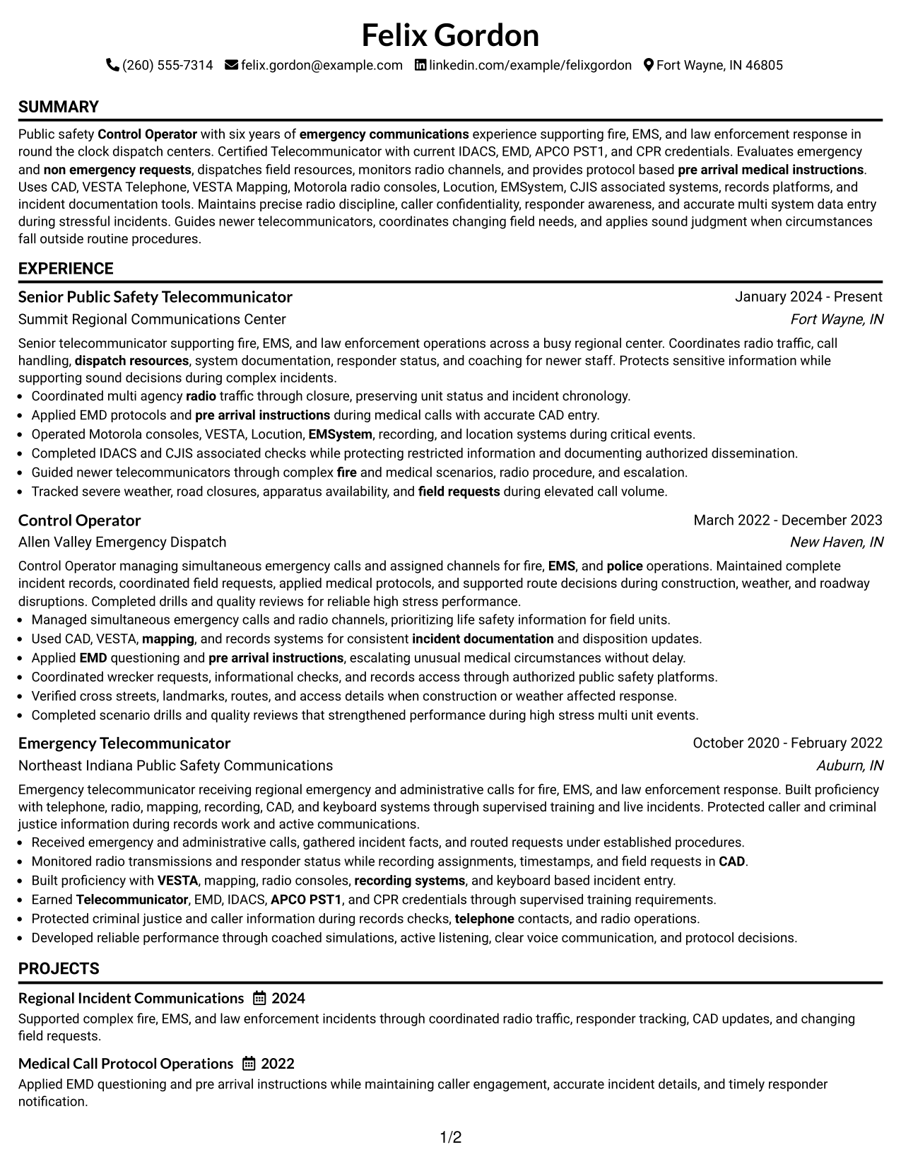 Resume Example Page 1