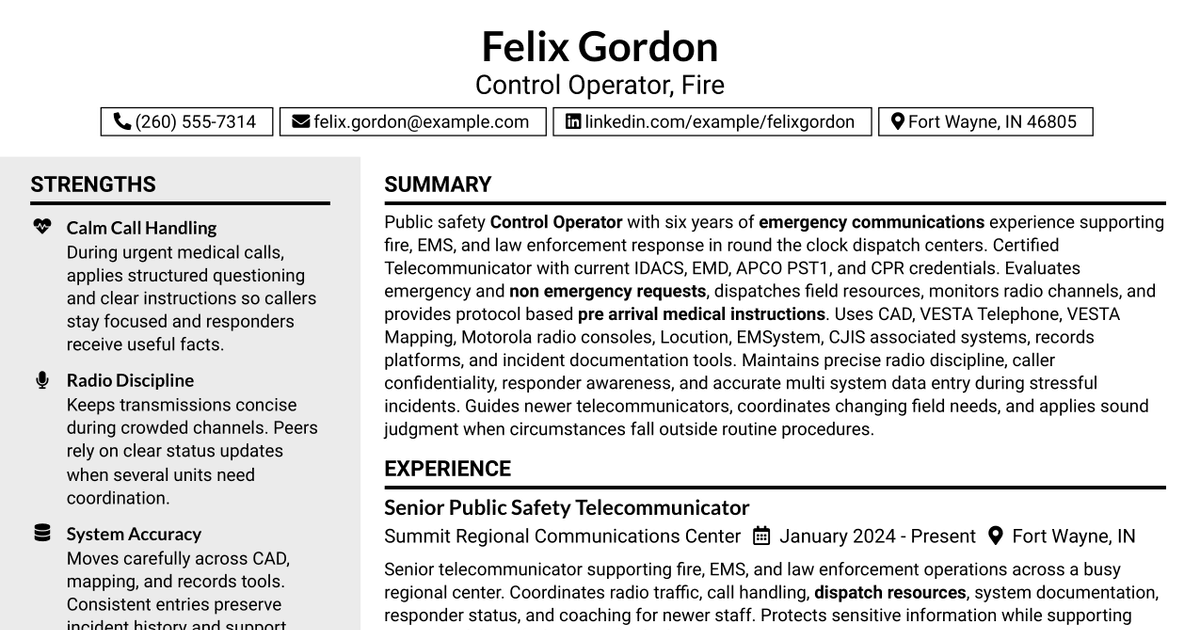 7 Control Operator - Fire Resume Templates with Example
