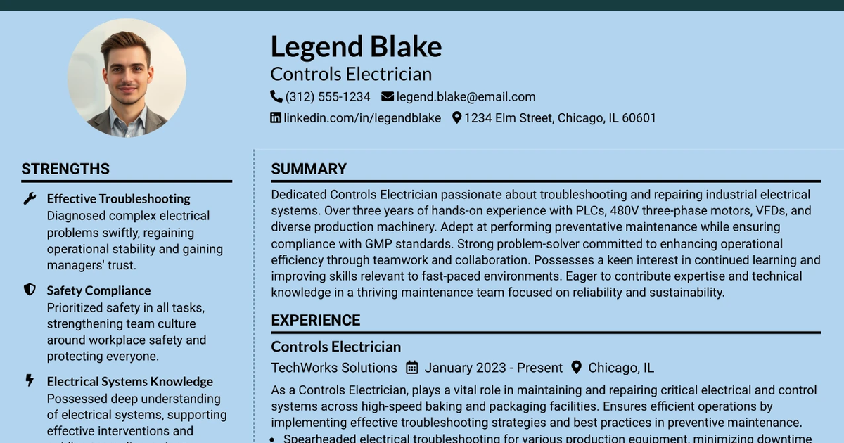 33 Controls Electrician Resume Templates with Example 2026 (ATS-Optimized)