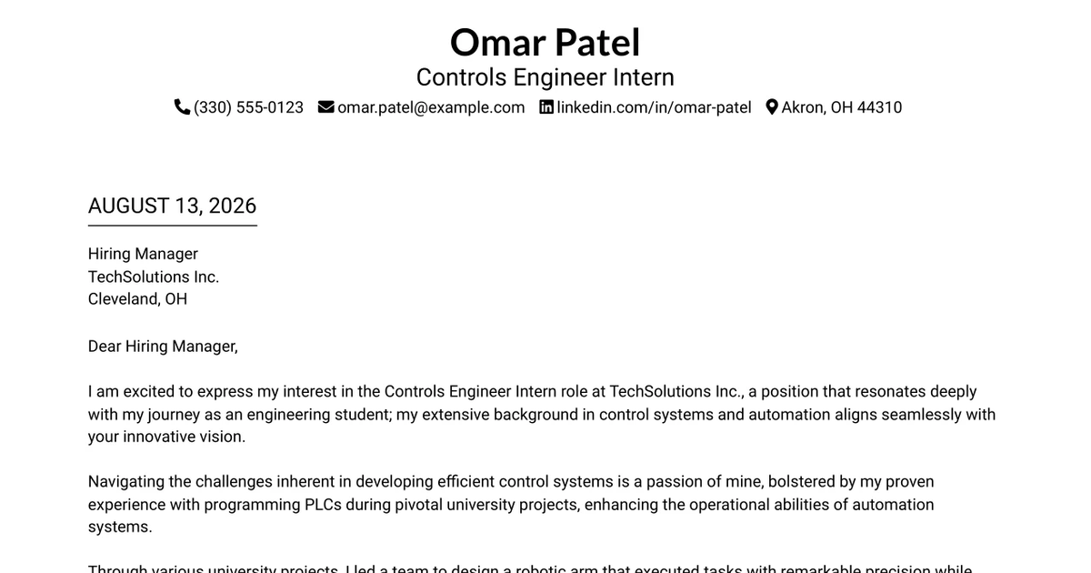 30+ Controls Engineer Intern Cover Letter Templates with Example 2026