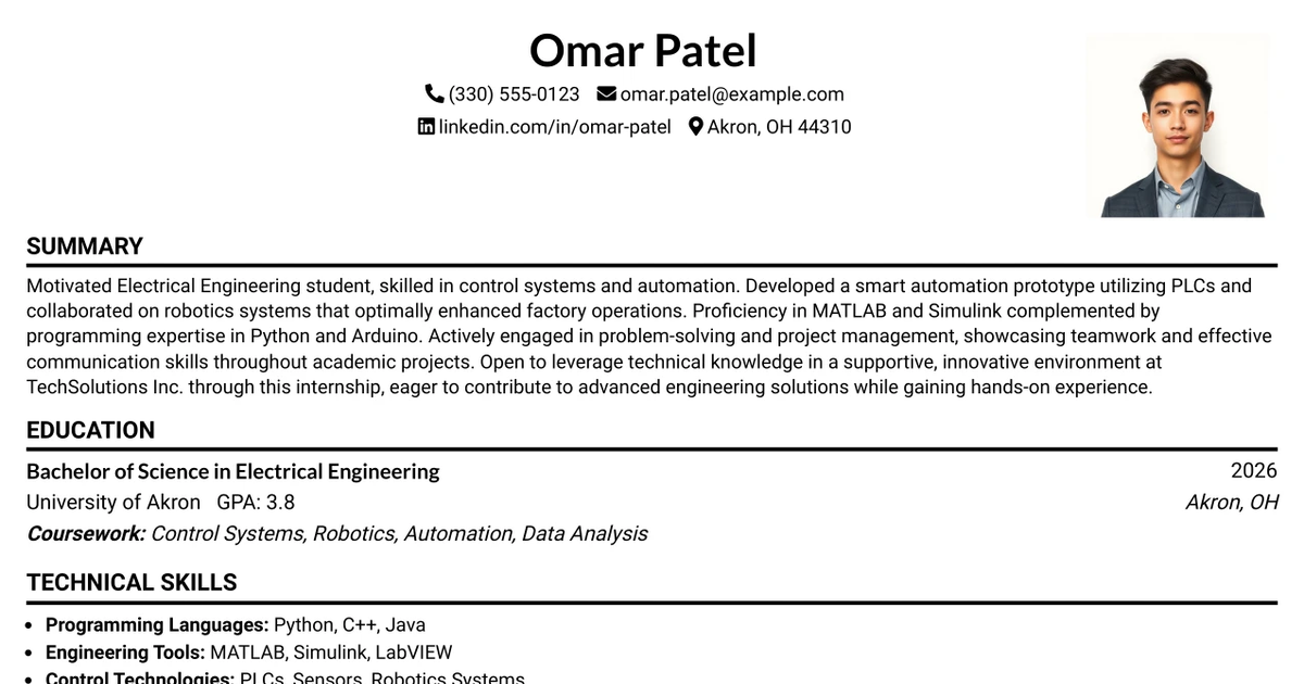 33 Controls Engineer Intern Resume Templates with Example 2026 (ATS-Optimized)