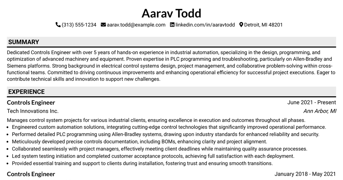 33 Controls Engineer Resume Templates with Example 2026 (ATS-Optimized)