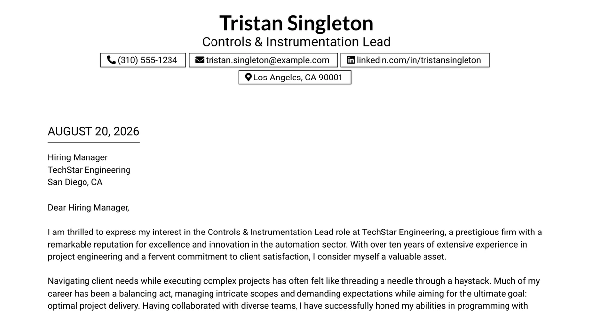 30+ Controls & Instrumentation Lead Cover Letter Templates with Example 2026