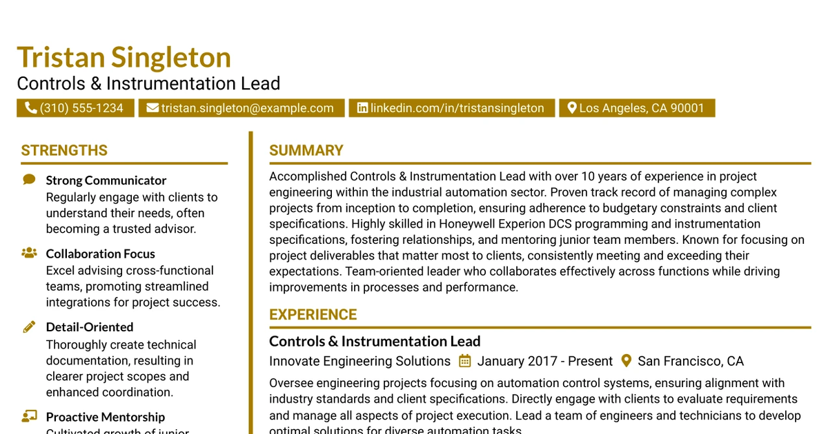 33 Controls & Instrumentation Lead Resume Templates with Example 2026 (ATS-Optimized)