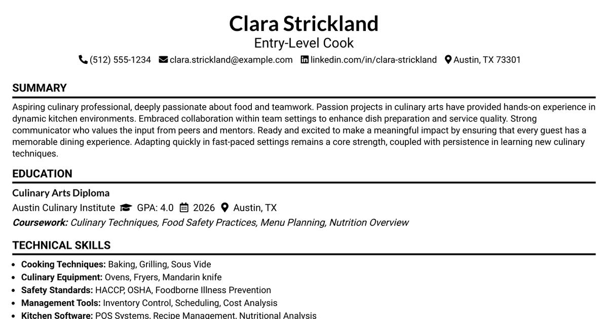 33 Cook 1 - Entry Level Resume Templates with Example 2026 (ATS-Optimized)