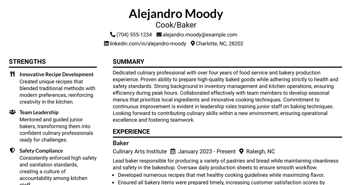 33 Cook/Baker Resume Templates with Example 2026 (ATS-Optimized)
