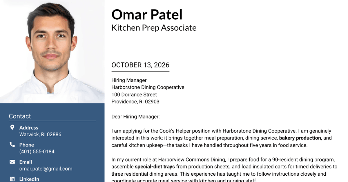 7 Cook's Helper - Kitchen and Bakery Support Cover Letter Templates with Example