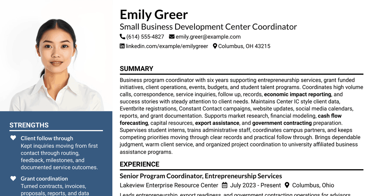 7 Coordinator - Small Business Development Center Resume Templates with Example