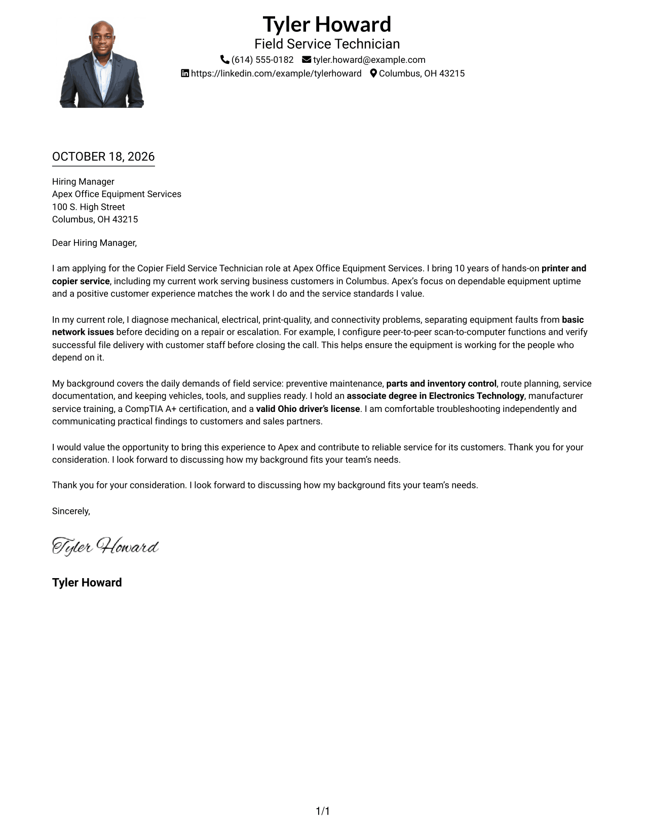 Cover letter example — page 1