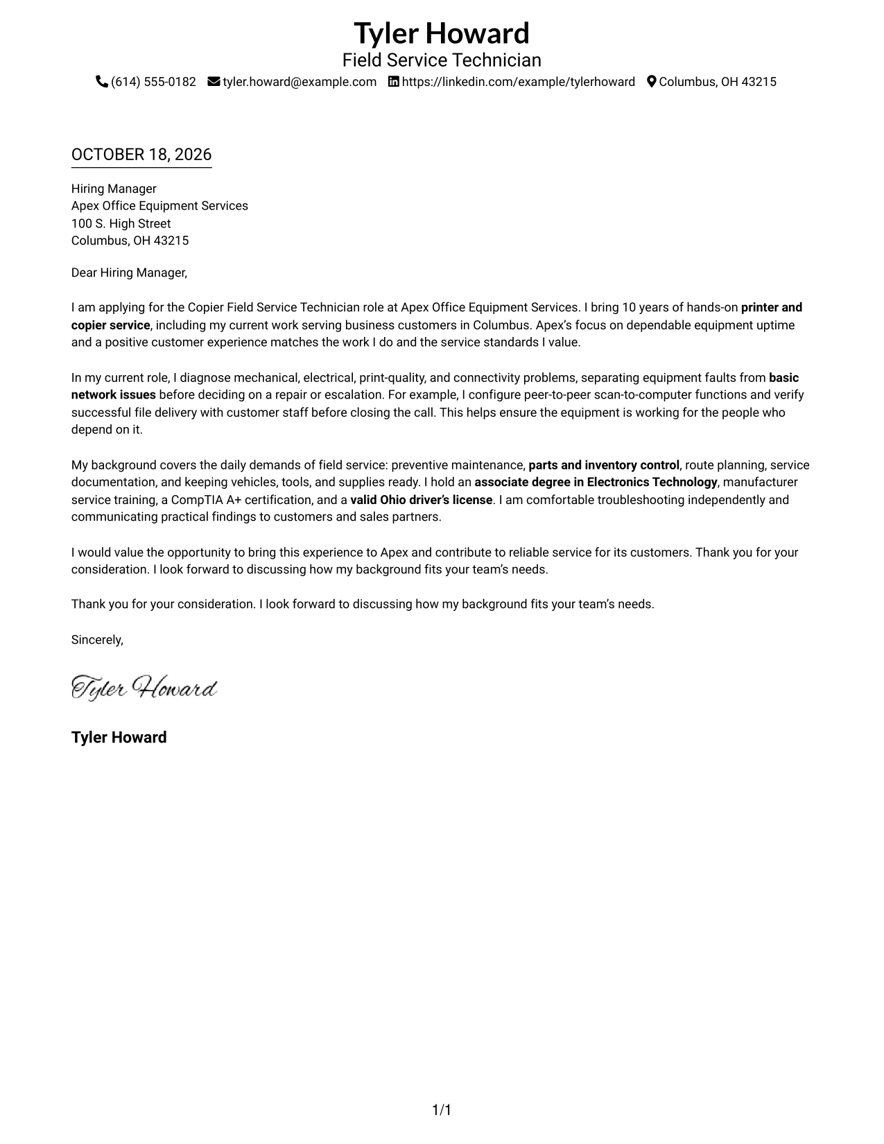 Cover letter example — page 1