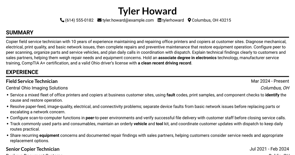 7 Copier Field Service Technician Resume Templates with Example