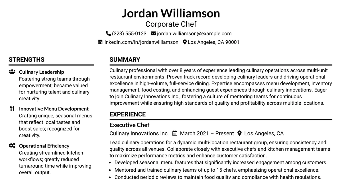 33 Corporate Chef Resume Templates with Example 2026 (ATS-Optimized)