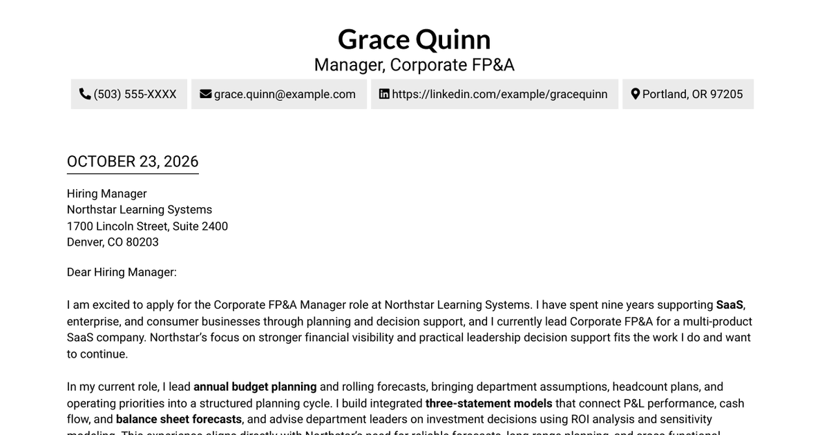 7 Corporate FP&A Manager - SaaS Finance Cover Letter Templates with Example