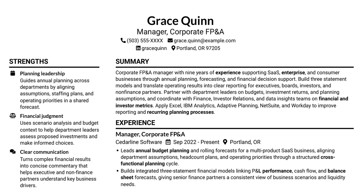 7 Corporate FP&A Manager - SaaS Finance Resume Templates with Example