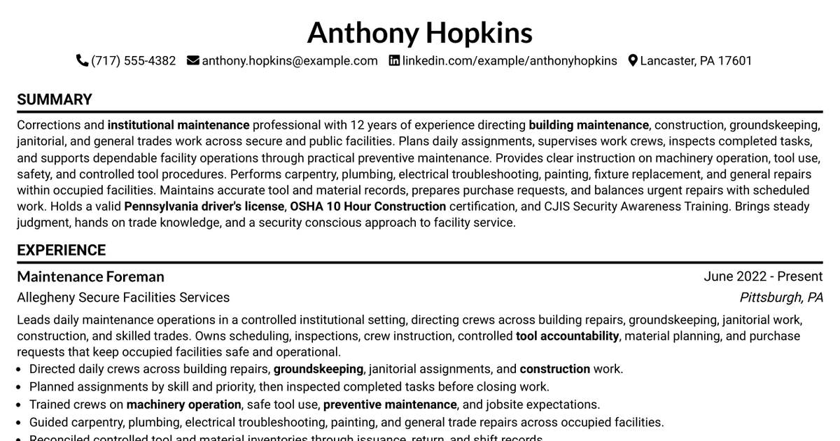 7 Corrections Maintenance Foreman Resume Templates with Example