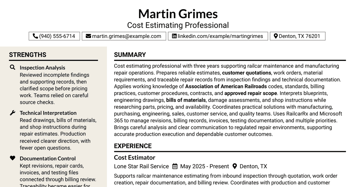7 Cost Estimating Professional Resume Templates with Example