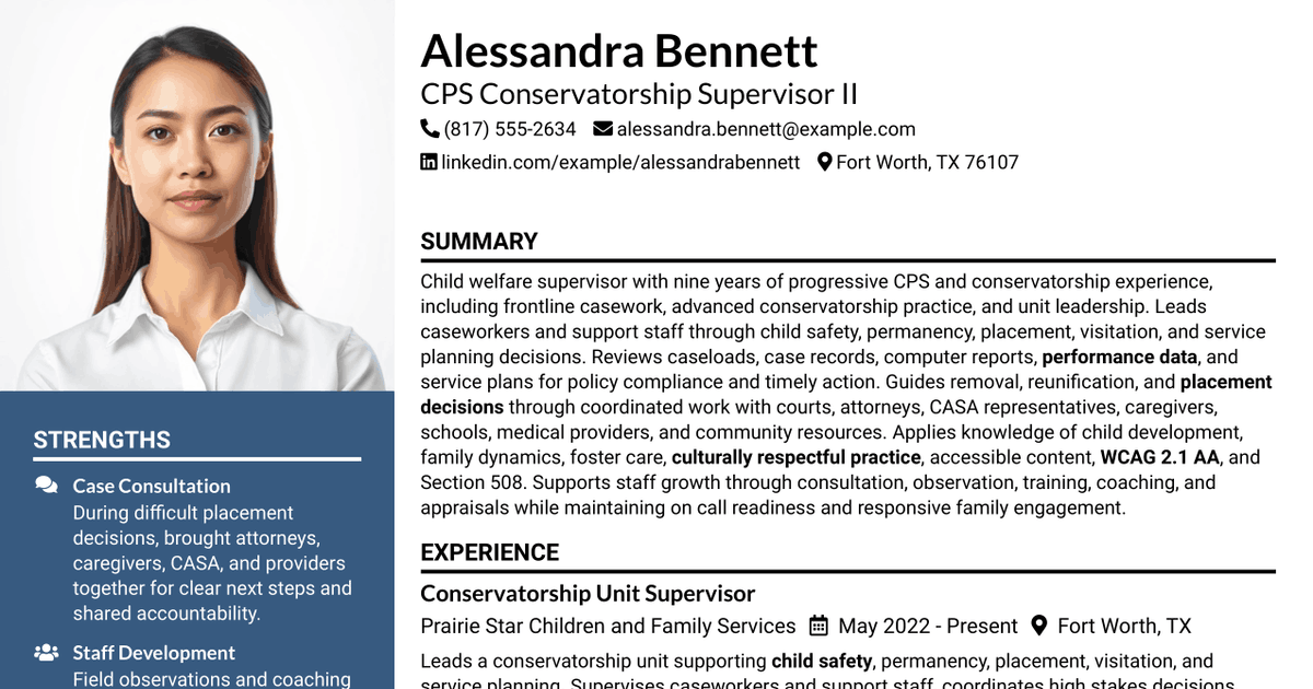7 CPS Conservatorship Supervisor I/II Resume Templates with Example