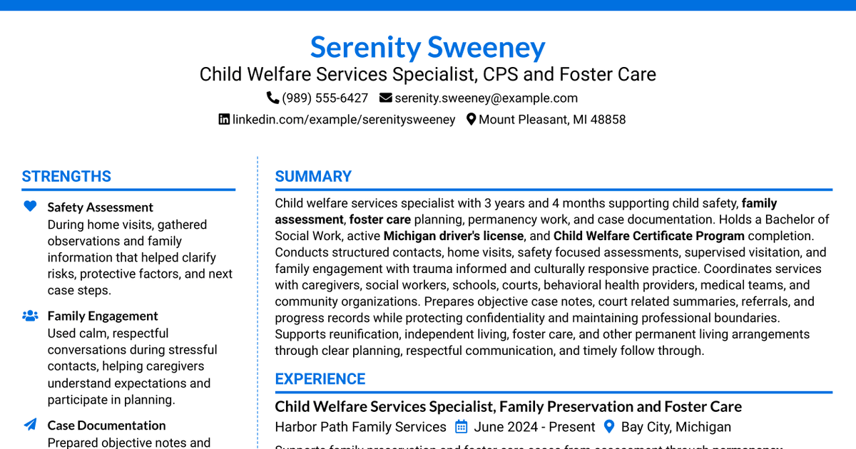 7 CPS & Foster Care Services Specialist - Child Welfare Resume Templates with Example