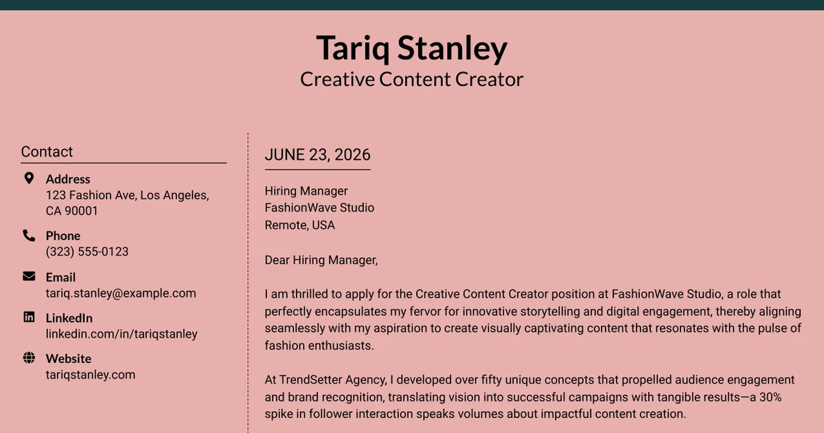 30+ Creative Content Creator Cover Letter Templates with Example 2026