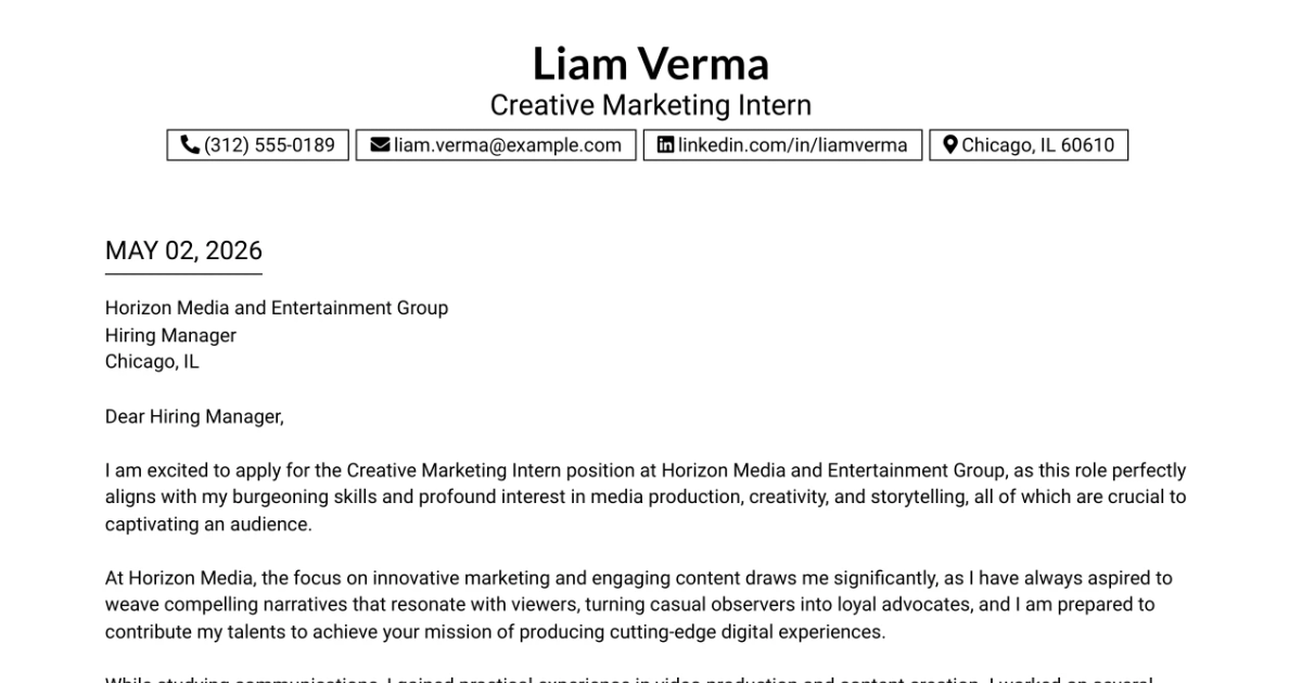 30+ Creative Marketing Intern Cover Letter Templates with Example 2026