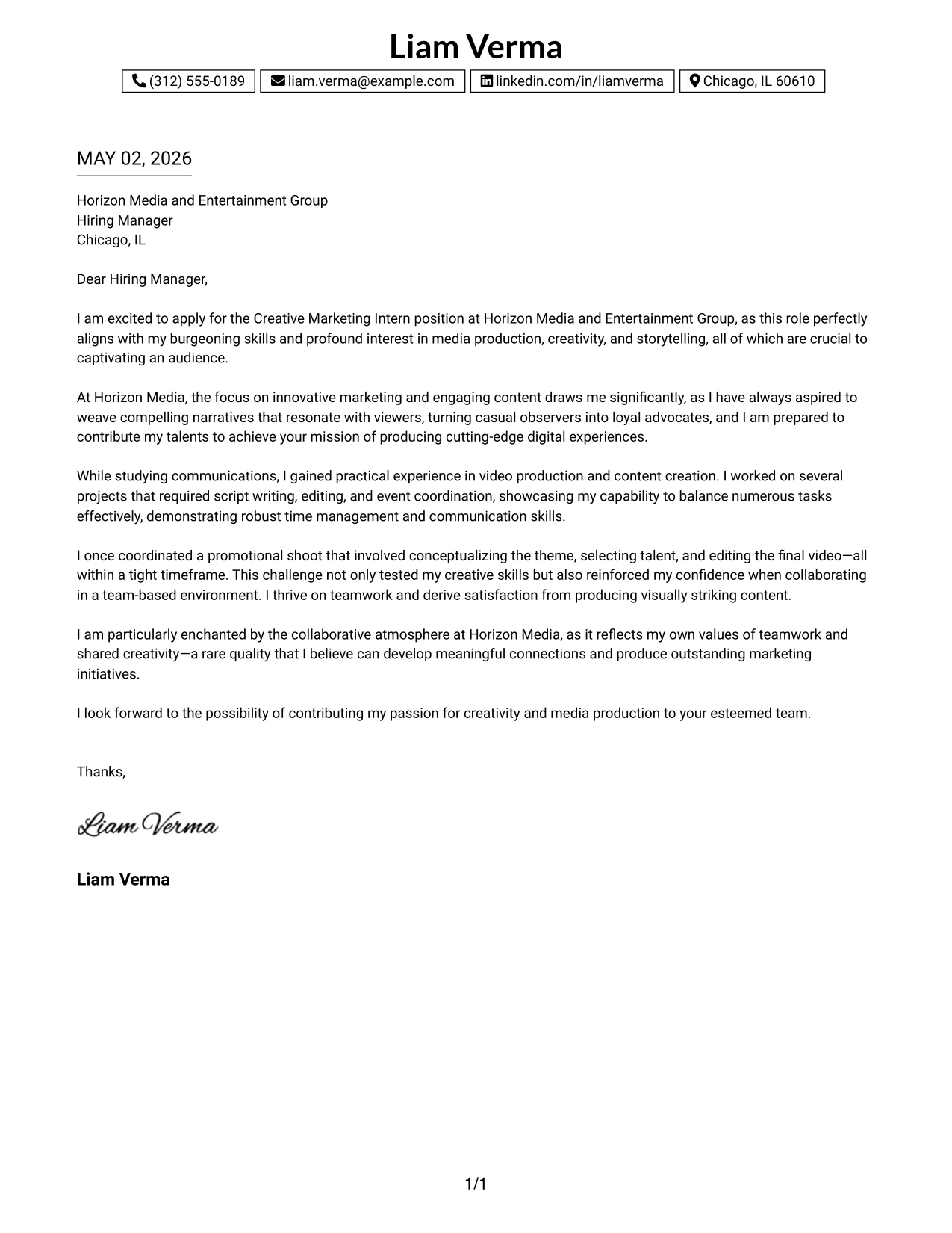 Creative Marketing Intern Cover Letter Example One Column Boxed Contact Header Format
