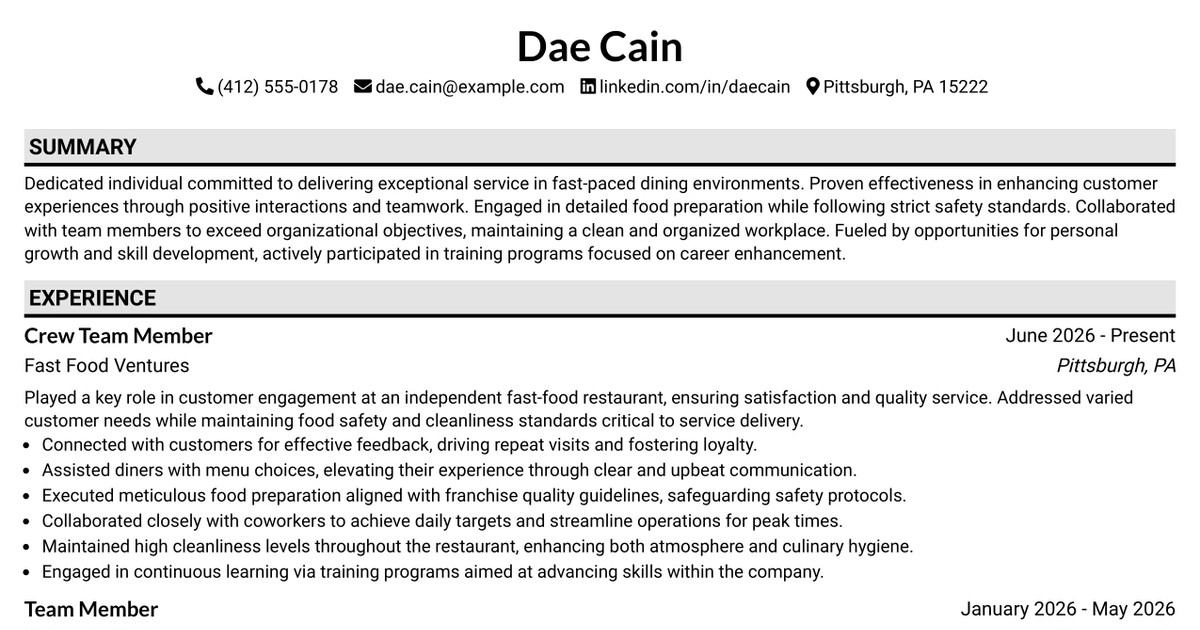 33 Crew Team Member Resume Templates with Example 2026 (ATS-Optimized)