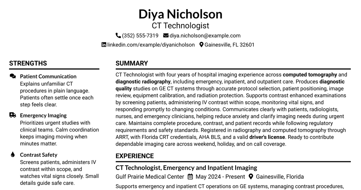 7 CT Technologist - CT Department Resume Templates with Example