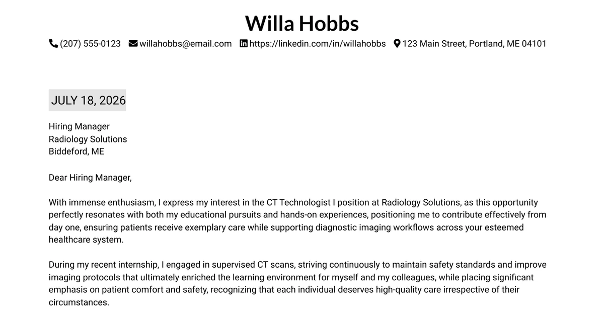 30+ CT Technologist I Cover Letter Templates with Example 2026