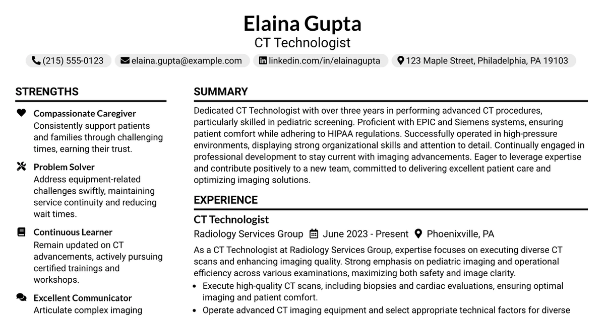 33 CT Technologist Resume Templates with Example 2026 (ATS-Optimized)