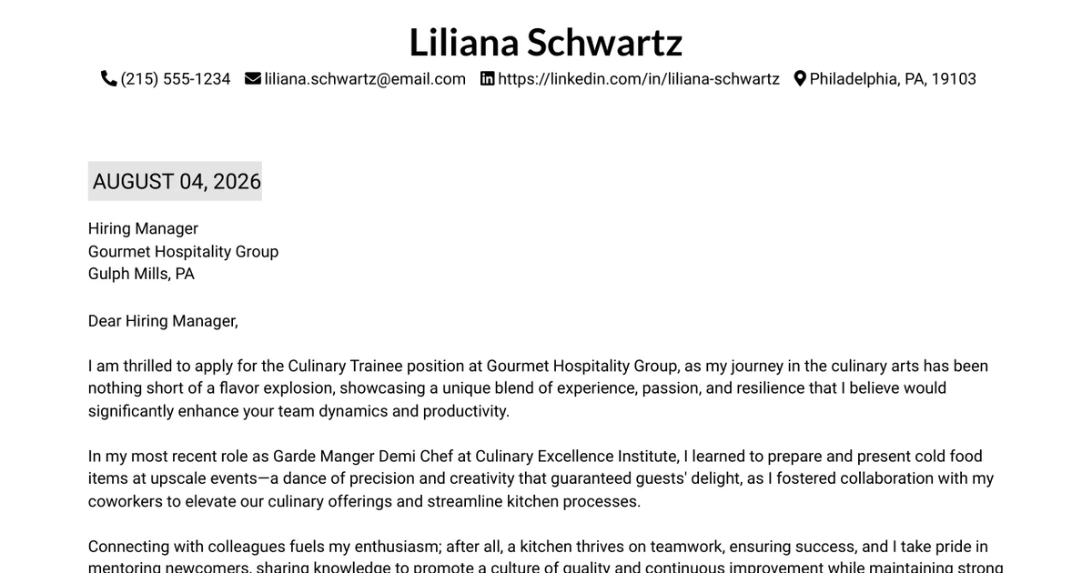30+ Culinary Trainee: From Garde Manger to Chef de Partie Cover Letter Templates with Example 2026