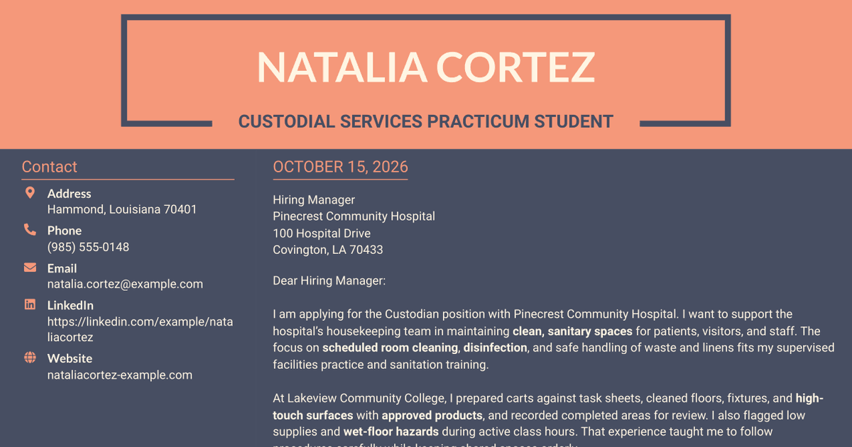 7 Custodian - Healthcare Environmental Services Cover Letter Templates with Example