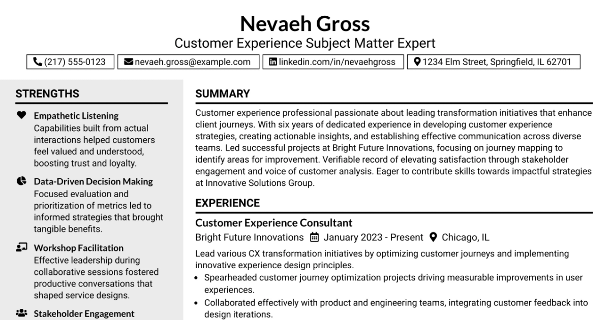 33 Customer Experience Subject Matter Expert Resume Templates with Example 2026 (ATS-Optimized)