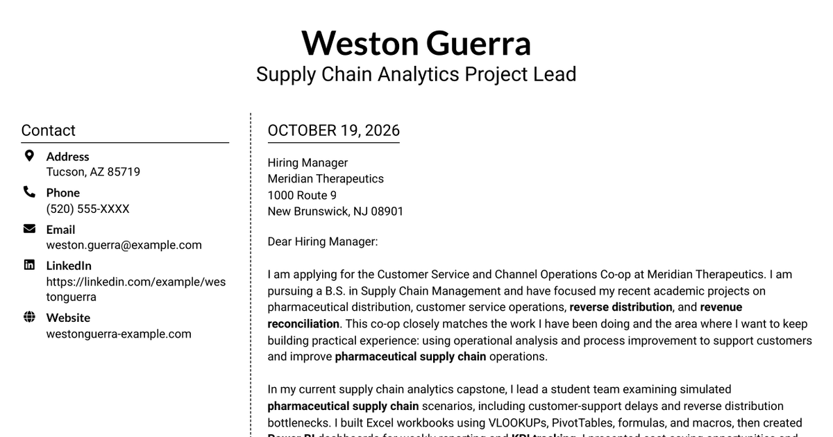 7 Customer Service and Channel Operations Co-op - Pharmaceutical Supply Chain Cover Letter Templates with Example