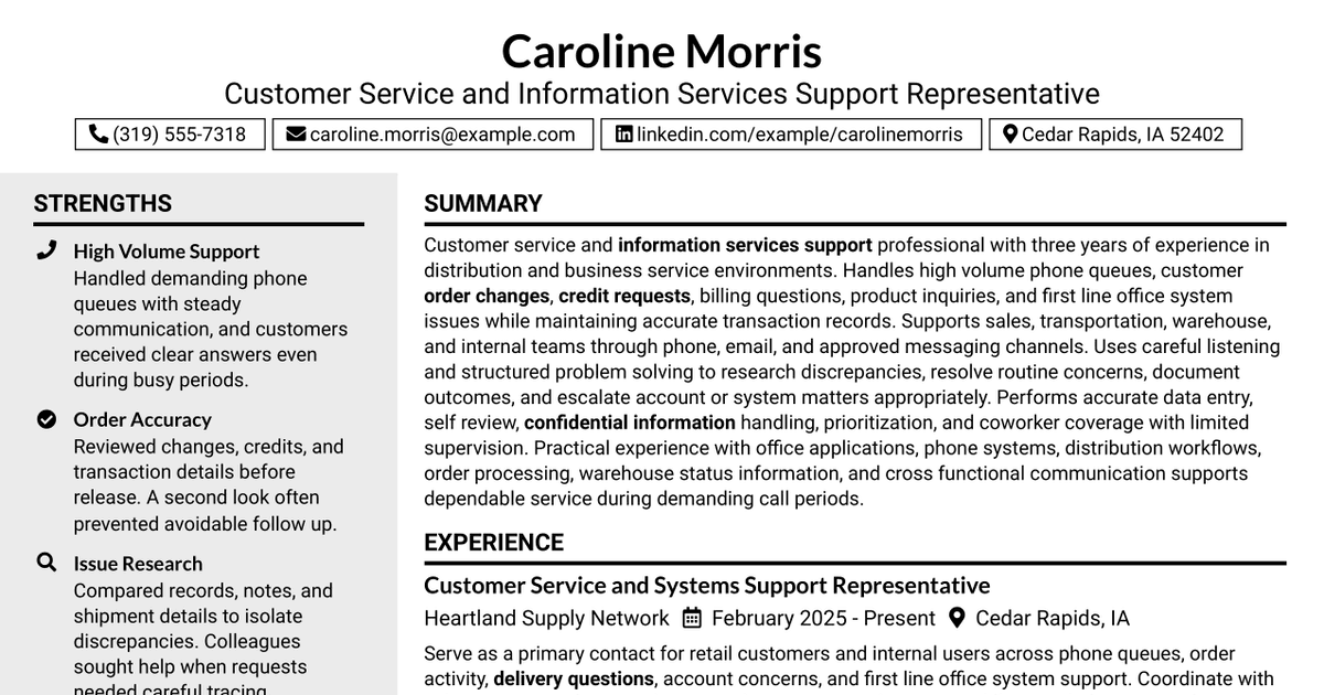 7 Customer Service/Information Services Support Representative Resume Templates with Example