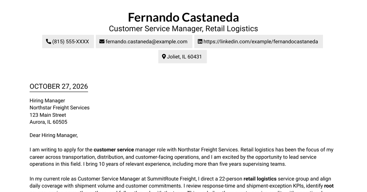 Customer Service Manager - Retail Logistics Cover Letter