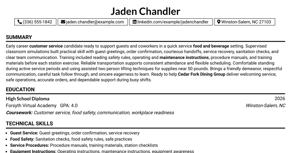 33 Customer Service - Quick-Service Restaurant Resume Templates with Example 2026 (ATS-Optimized)