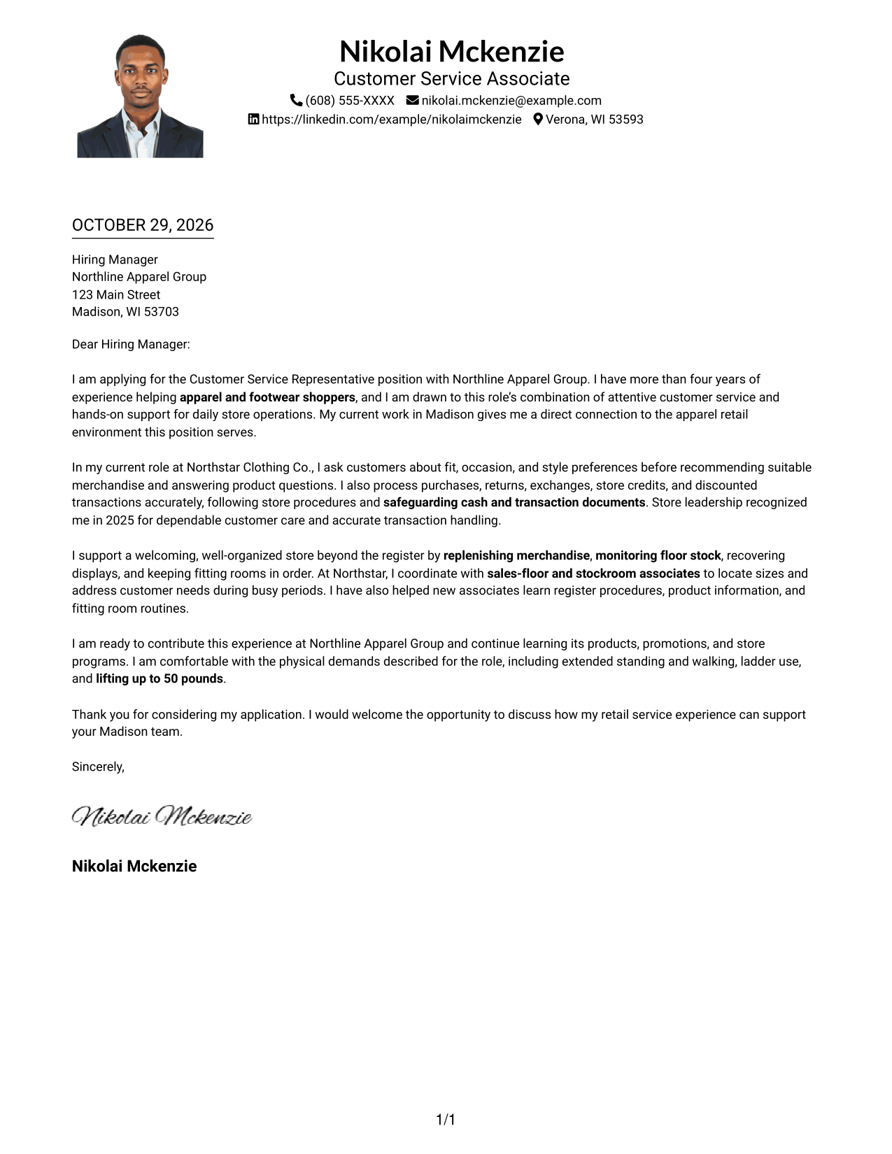 Cover letter example — page 1
